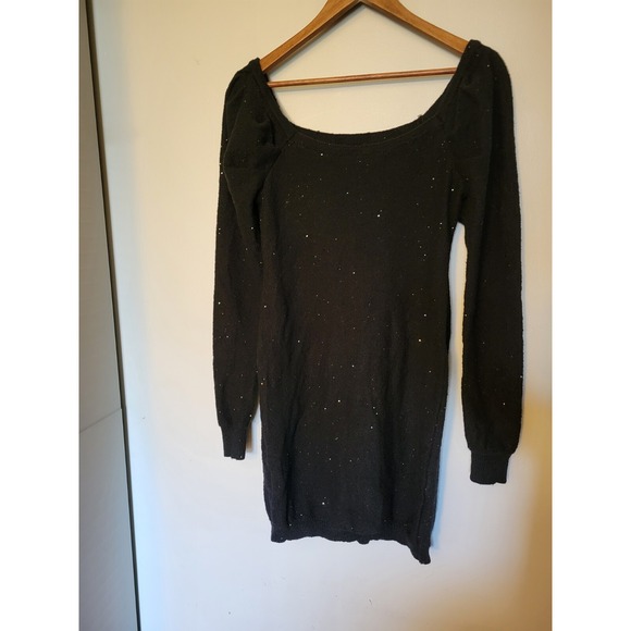 Midi Sweater Dress Womens Medium Black Sparkles Ruffled Shoulder Off Shoulder -C - Picture 2 of 12
